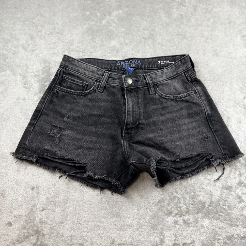 Arizona Jean Co Black Distressed Denim Shorts Women's Size 7 Hi-Rise Cotton